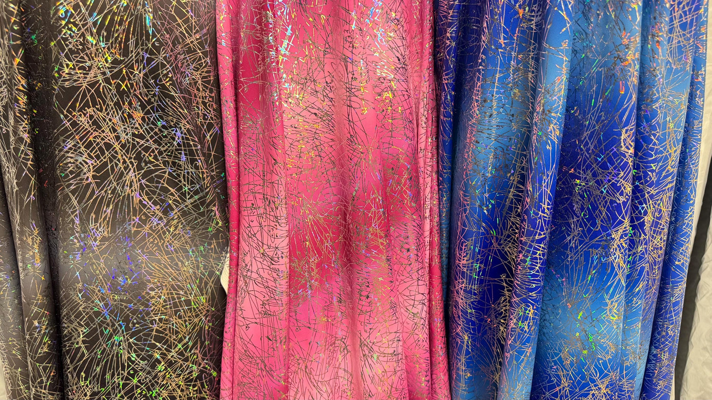 New Ombre Signature design hologram metallic nylon spandex  4way stretch 58/60” Sold by the YD. Ships worldwide from Los Angeles CA USA.