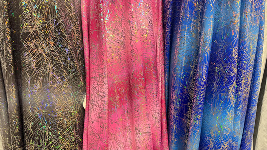 New Ombre Signature design hologram metallic nylon spandex  4way stretch 58/60” Sold by the YD. Ships worldwide from Los Angeles CA USA.
