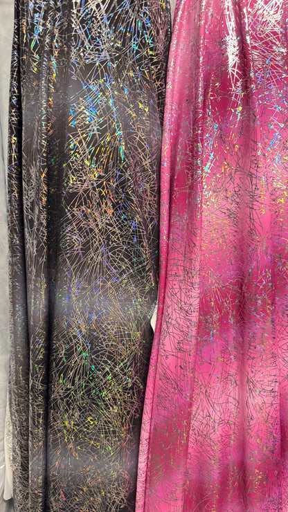 New Ombre Signature design hologram metallic nylon spandex  4way stretch 58/60” Sold by the YD. Ships worldwide from Los Angeles CA USA.