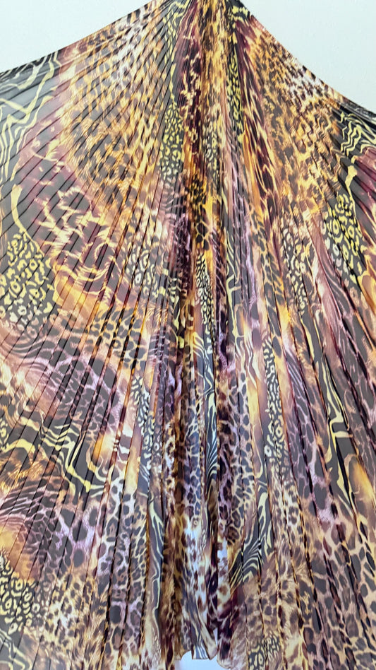 Sunburst pleated Silky Chiffon Safari Design non stretch 190” length by 60” width Sold by the PC. Ships worldwide from Los Angeles CA