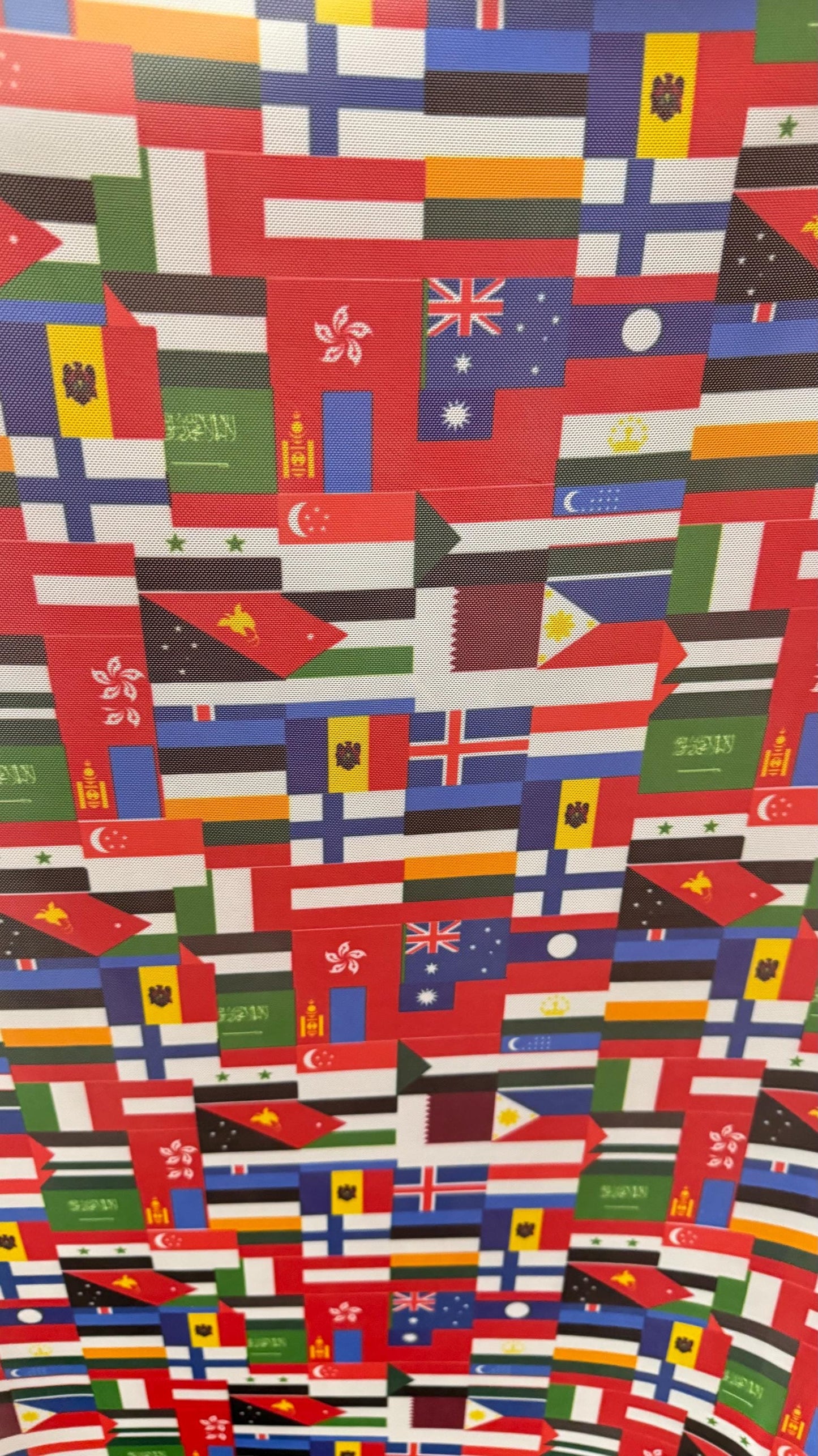 Interacional Flags design print on power mesh 4-way stretch 58/60” Sold by the YD. Ships Worldwide from Los Angeles California USA.