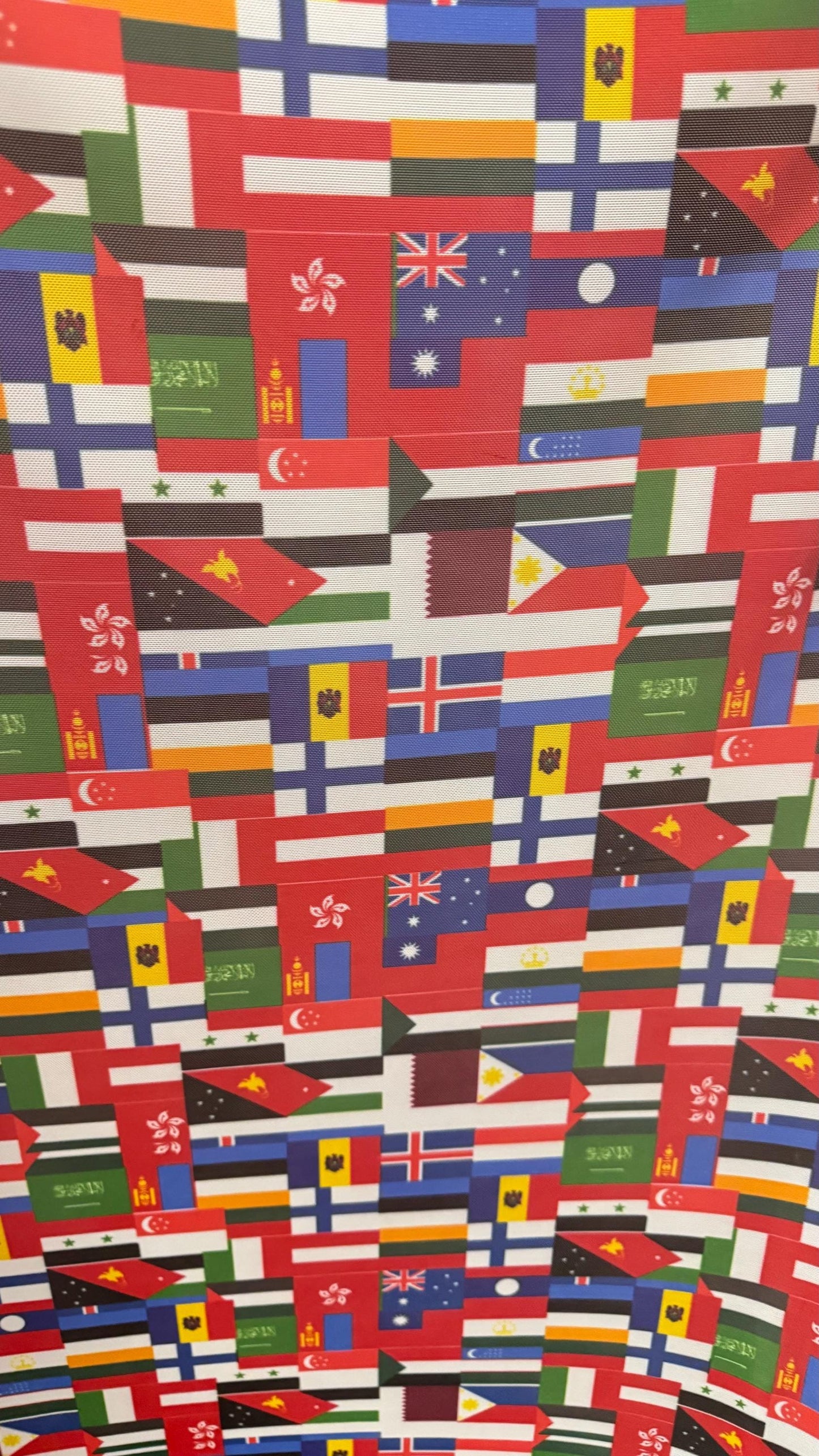 Interacional Flags design print on power mesh 4-way stretch 58/60” Sold by the YD. Ships Worldwide from Los Angeles California USA.