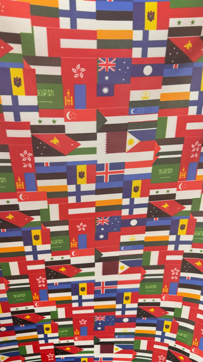 Interacional Flags design print on power mesh 4-way stretch 58/60” Sold by the YD. Ships Worldwide from Los Angeles California USA.