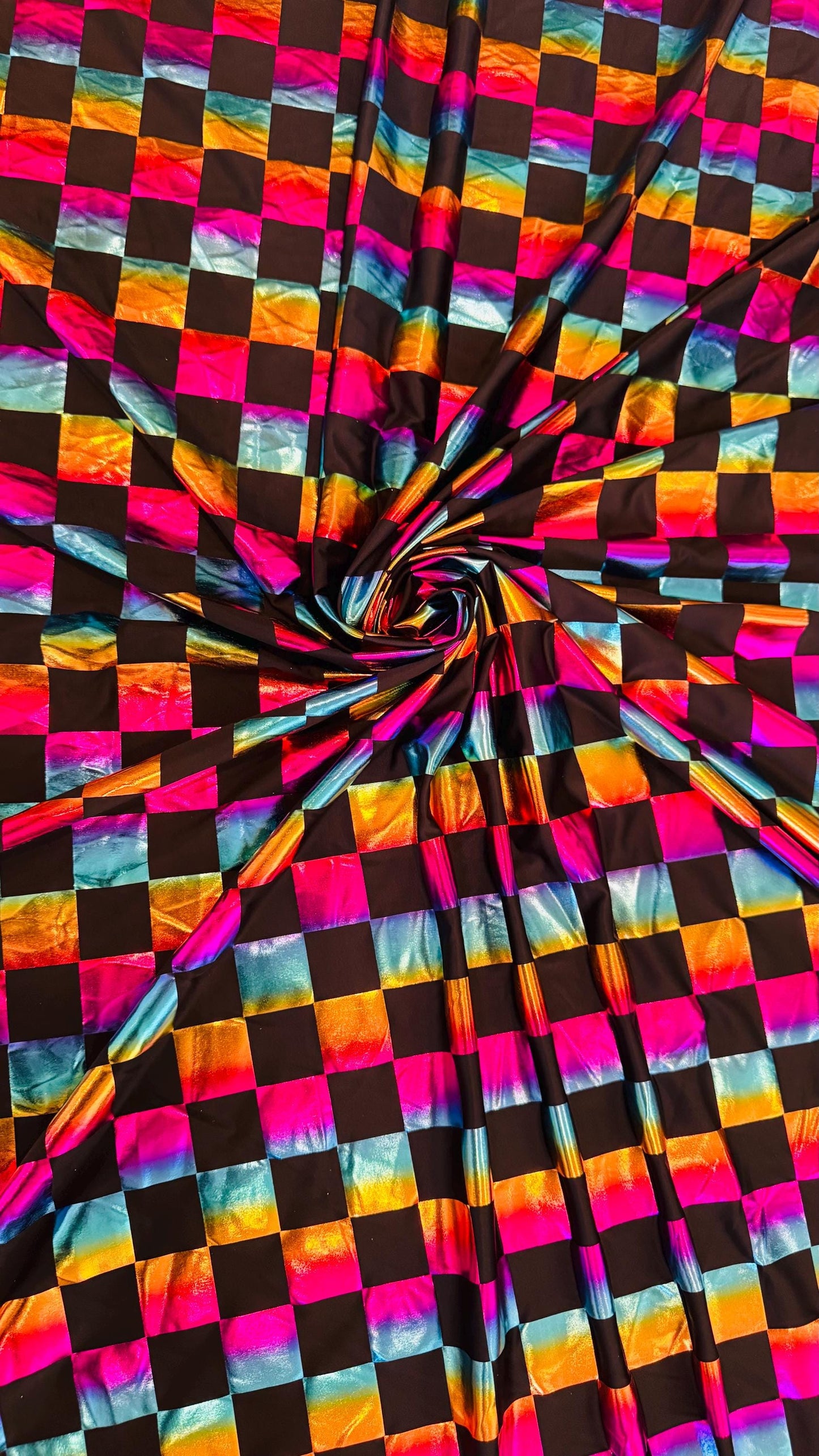 Square Rainbow all over foil poly spandex 2-way stretch 58/60” Sold by the YD. Ships worldwide from Los Angeles California USA.