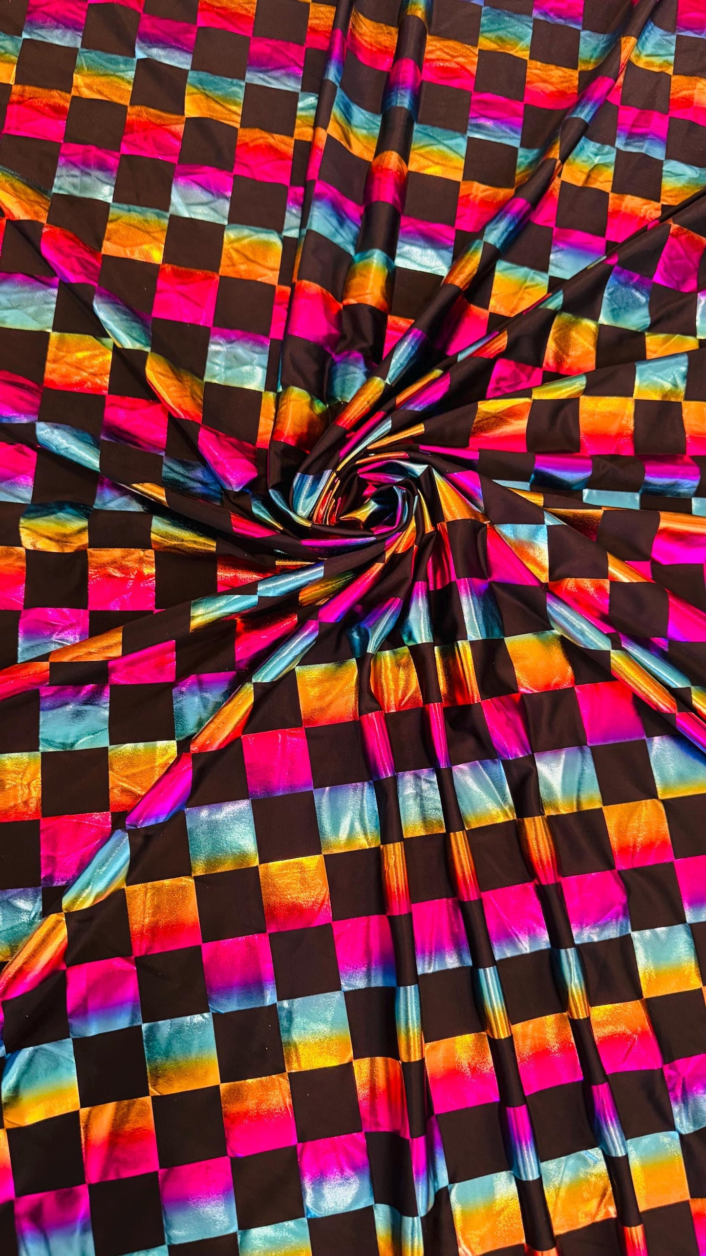 Square Rainbow all over foil poly spandex 2-way stretch 58/60” Sold by the YD. Ships worldwide from Los Angeles California USA.