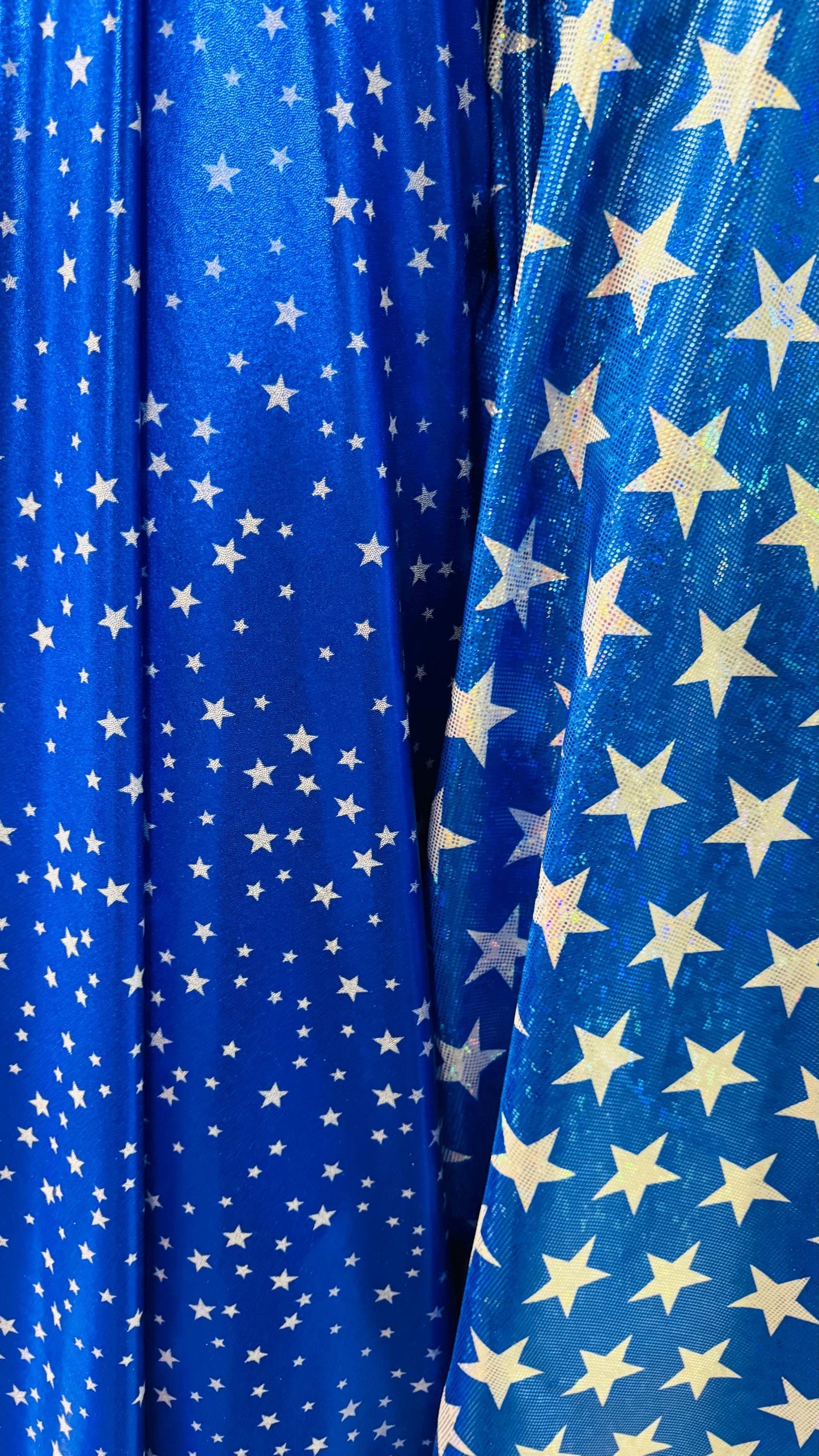 Stars Freedom design on metallic shattered glass and Foggy foil small stars hologram nylon spandex 4-way stretch 58/60”  Sold by the YD.