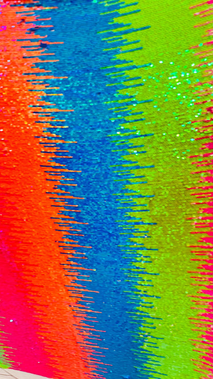 New iridescent multicolor rainbow sequins all over on stretch mesh 2-way 58/60” Sold by the YD. Ships worldwide from Los Angeles California
