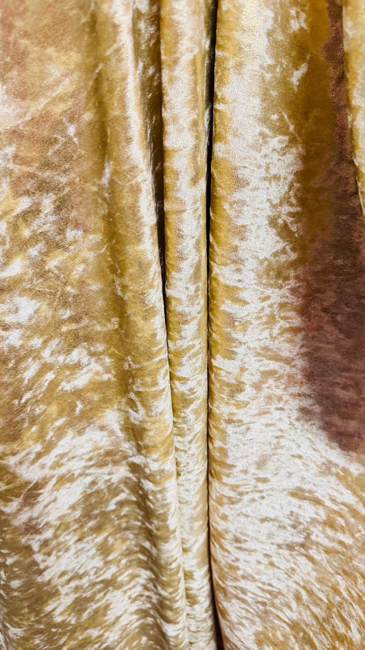 New Iridescent Gold foggy foil on stretch velvet 4way Stretch 58/60" Sold by the YD. Ships worldwide from Los Angeles California USA.