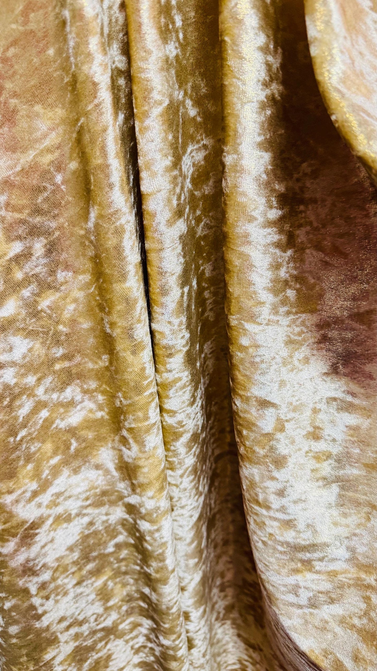 New Iridescent Gold foggy foil on stretch velvet 4way Stretch 58/60" Sold by the YD. Ships worldwide from Los Angeles California USA.