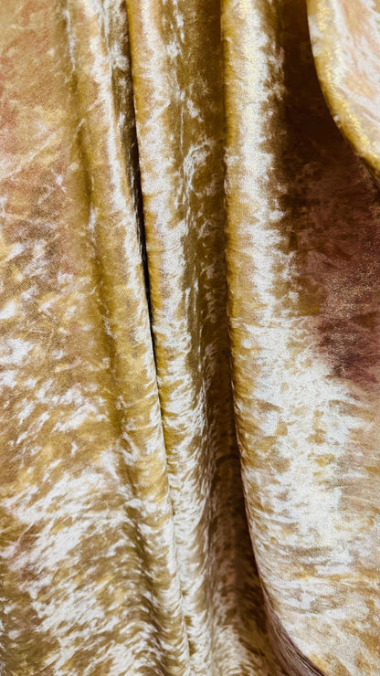 New Iridescent Gold foggy foil on stretch velvet 4way Stretch 58/60" Sold by the YD. Ships worldwide from Los Angeles California USA.