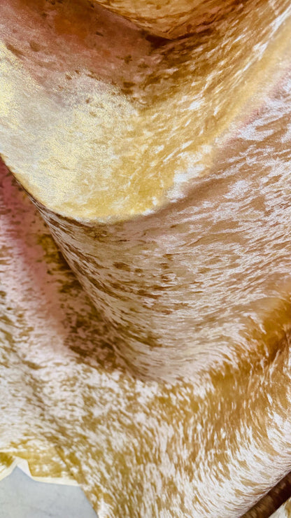 New Iridescent Gold foggy foil on stretch velvet 4way Stretch 58/60" Sold by the YD. Ships worldwide from Los Angeles California USA.