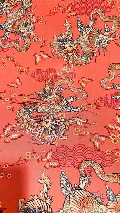 Dragon Exotic design Rust Color  print on power mesh nylon spandex 4-way stretch 58/60” Sold by the YD. Ships worldwide from Los Angeles