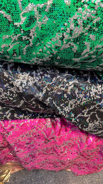 New Exotic Snake design shattered Glass metallic nylon spandex with flocking and glitter 4way 58/60" Sold by the YD. Ships worldwide from LA
