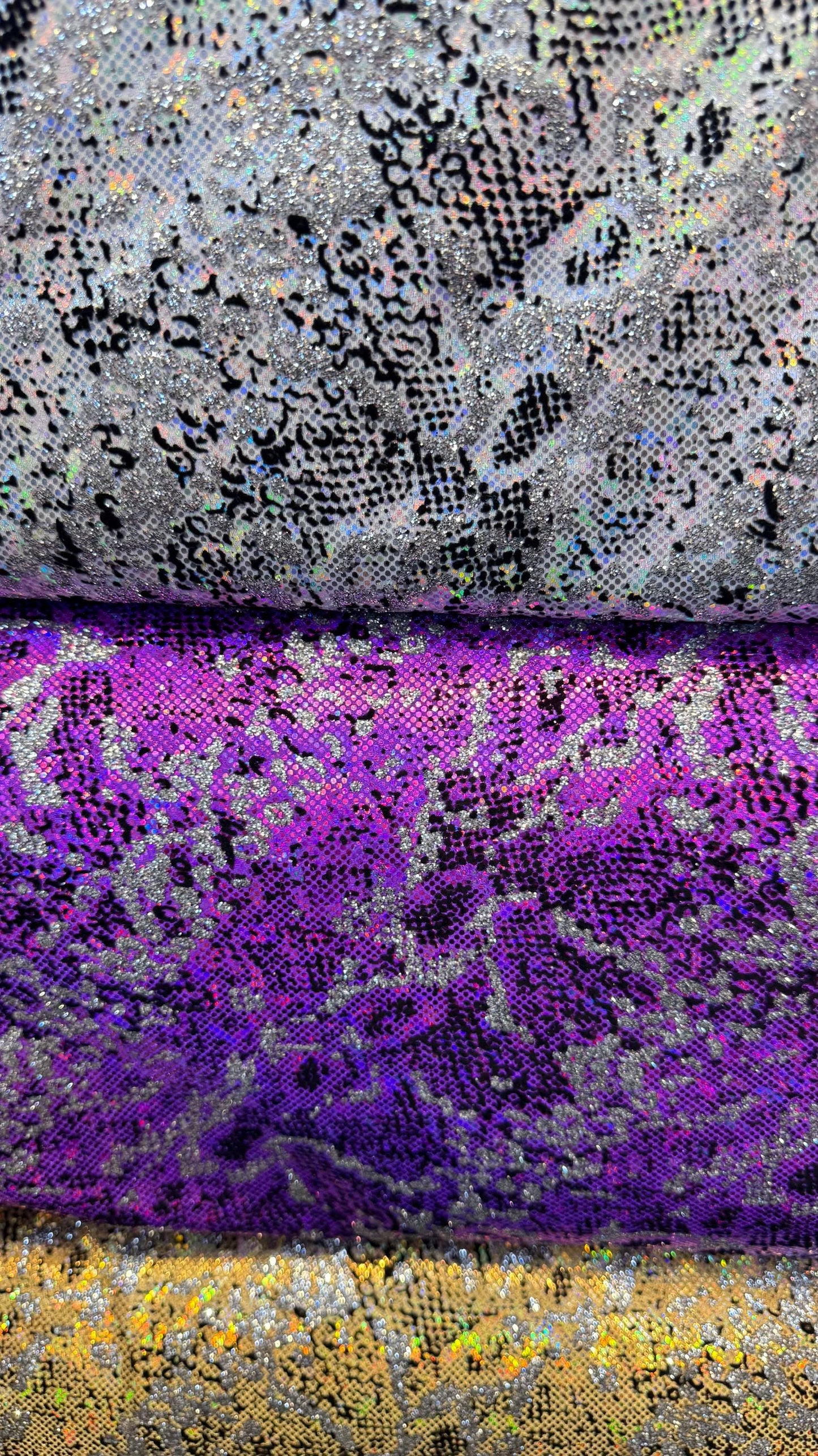 New Exotic Snake design shattered Glass metallic nylon spandex with flocking and glitter 4way 58/60" Sold by the YD. Ships worldwide from LA
