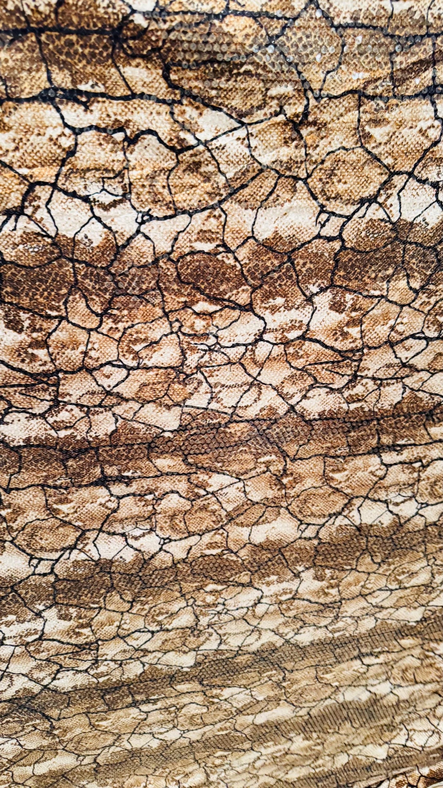 Exotic Snake design Brown/Gold  with clear sequins all over spandex base 4-way  58/60" Sold by the YD. Ships worldwide from Los Ángeles CA