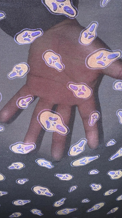 New Ghost design print on  power mesh 4-way stretch 58/60” Sold by the YD. Ships worldwide from Los Angeles California USA.