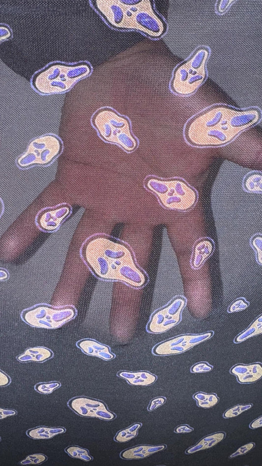 New Ghost design print on  power mesh 4-way stretch 58/60” Sold by the YD. Ships worldwide from Los Angeles California USA.