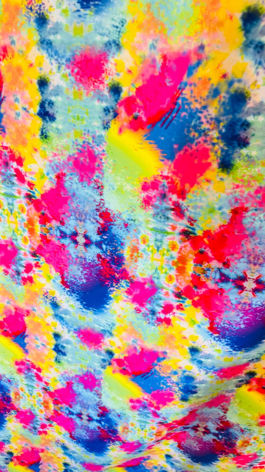 New tie dye multicolor print on best quality of Poly spandex 4-way stretch 58/60” Sold by the YD. Ships Worldwide from Los Angeles Californi