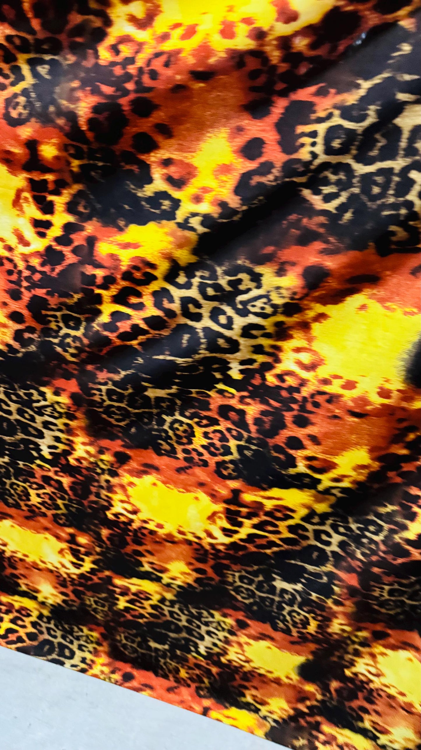 New exotic leopard design teal/brown and Rust/Beown print on poly spandex medium weight 4-way stretch 58/60” Sold by the YD.