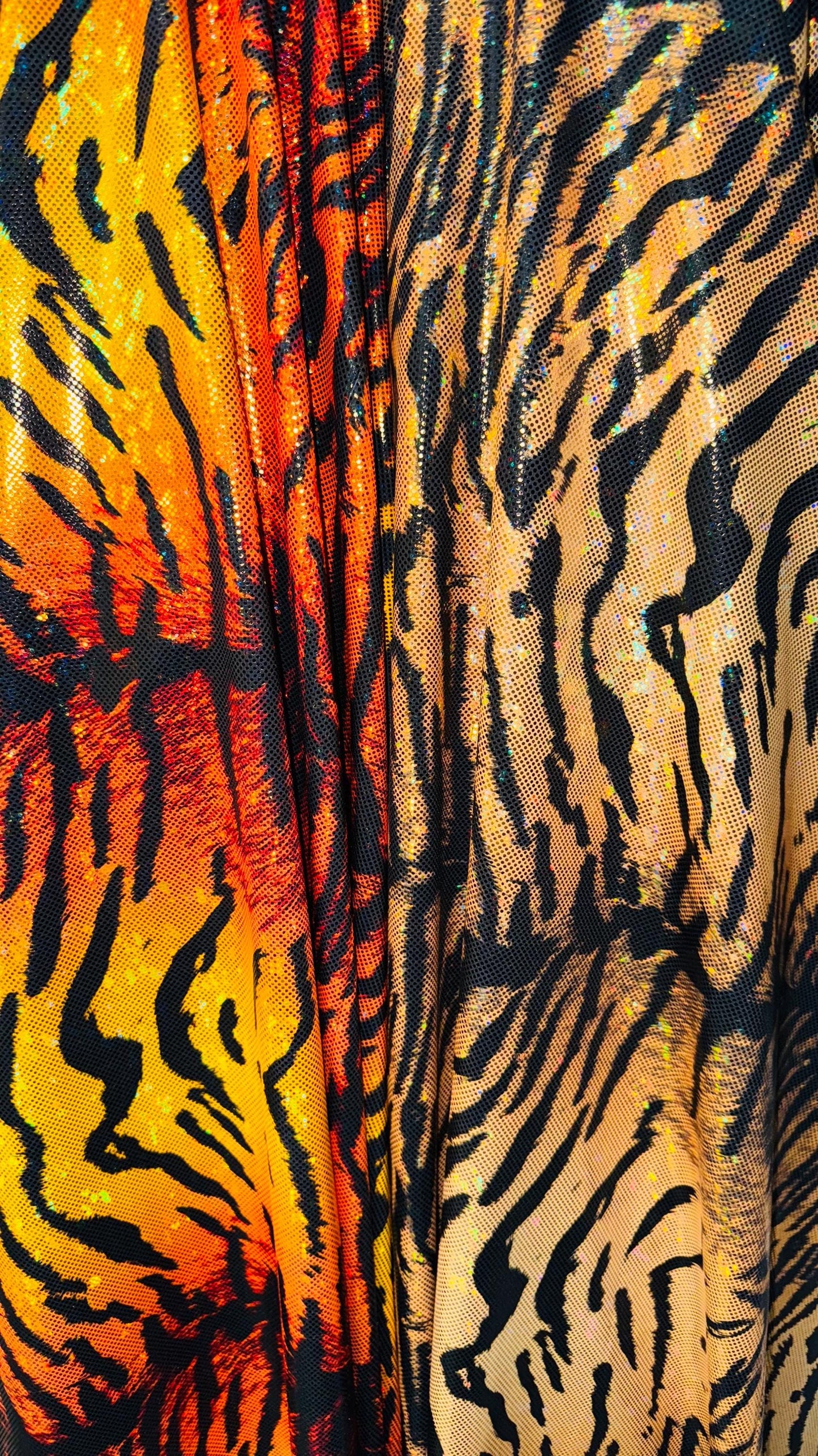 New Wild Tiger design on Hologram shattered glass metallic nylon spandex 4-way stretch 58/60” High quality fabrics by AlexLAFabrics