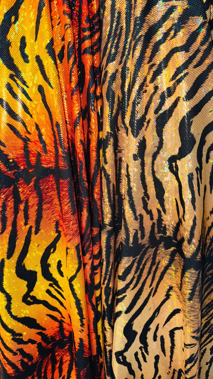 New Wild Tiger design on Hologram shattered glass metallic nylon spandex 4-way stretch 58/60” High quality fabrics by AlexLAFabrics