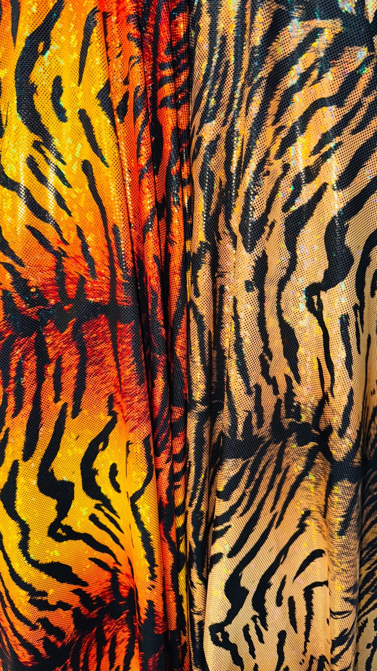 New Wild Tiger design on Hologram shattered glass metallic nylon spandex 4-way stretch 58/60” High quality fabrics by AlexLAFabrics