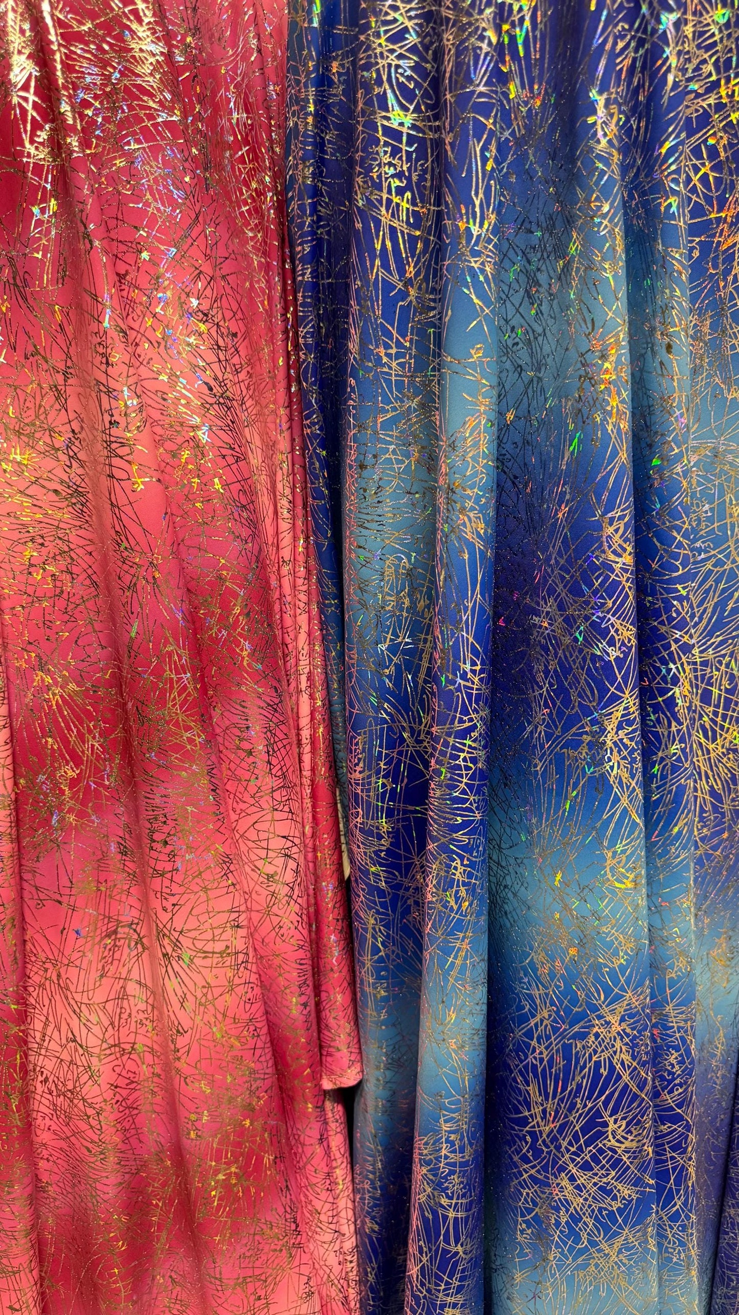 New Ombre Signature design hologram metallic nylon spandex  4way stretch 58/60” Sold by the YD. Ships worldwide from Los Angeles CA USA.