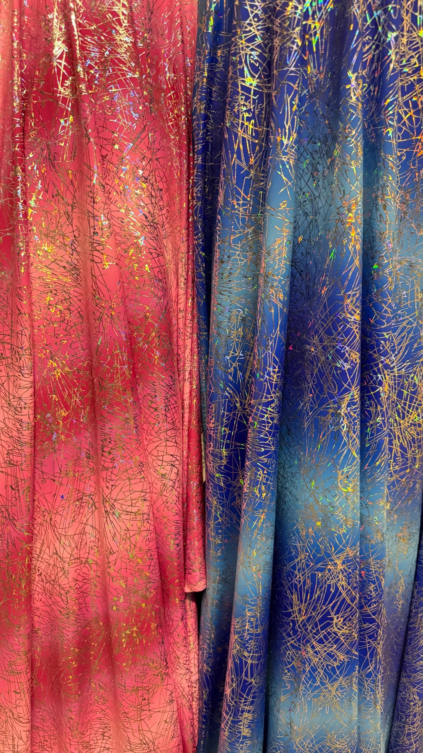 New Ombre Signature design hologram metallic nylon spandex  4way stretch 58/60” Sold by the YD. Ships worldwide from Los Angeles CA USA.