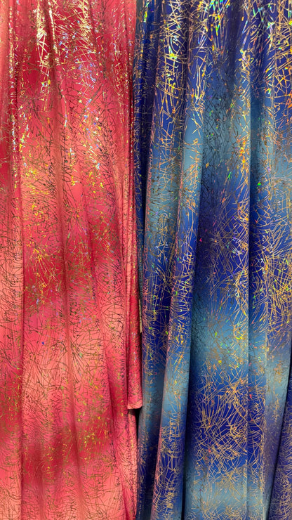New Ombre Signature design hologram metallic nylon spandex  4way stretch 58/60” Sold by the YD. Ships worldwide from Los Angeles CA USA.