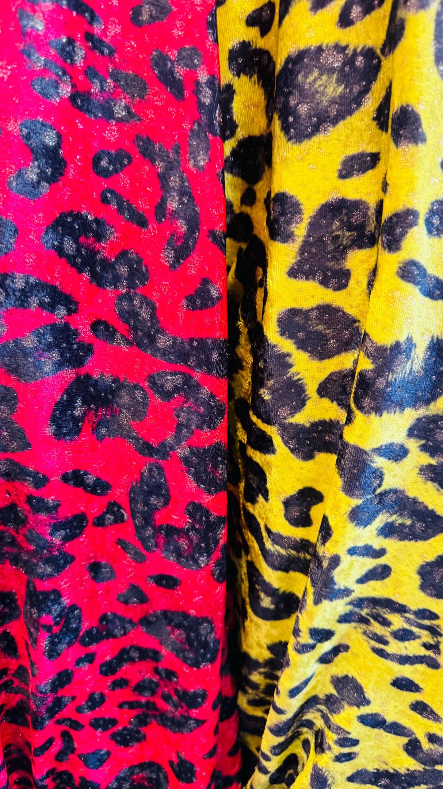 New Exotic leopard design Red and Neon Yellow color print on velour stretch velvet 2-way stretch 58/60” Sold by the YD. Ships worldwide