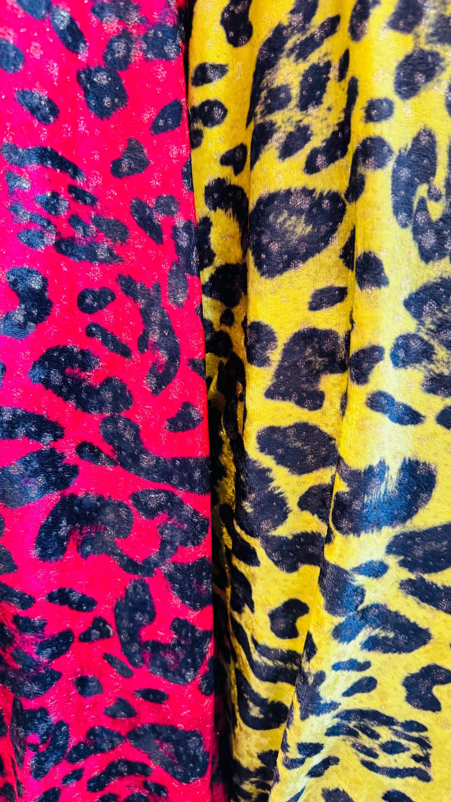 New Exotic leopard design Red and Neon Yellow color print on velour stretch velvet 2-way stretch 58/60” Sold by the YD. Ships worldwide