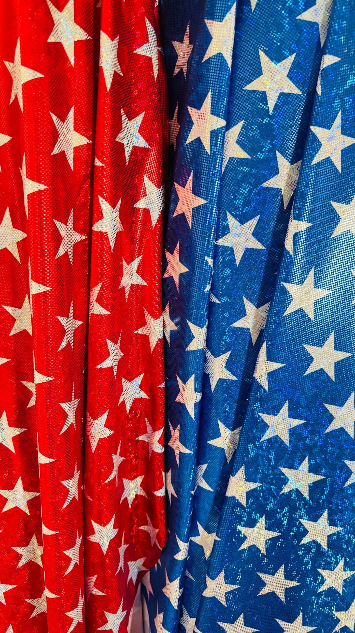 Stars Freedom design on metallic shattered glass hologram nylon spandex 4-way stretch 58/60” Multicolor Sold by the YD.