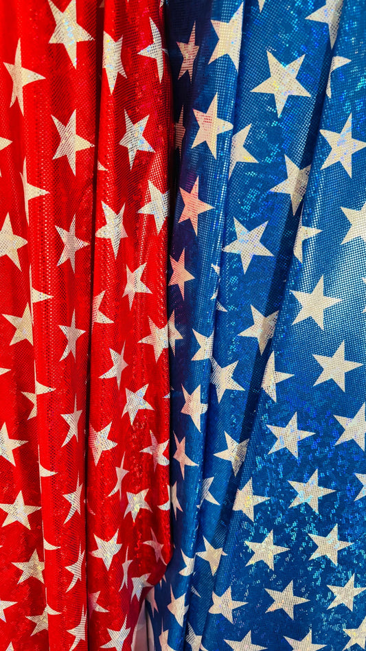 Stars Freedom design on metallic shattered glass hologram nylon spandex 4-way stretch 58/60” Multicolor Sold by the YD.