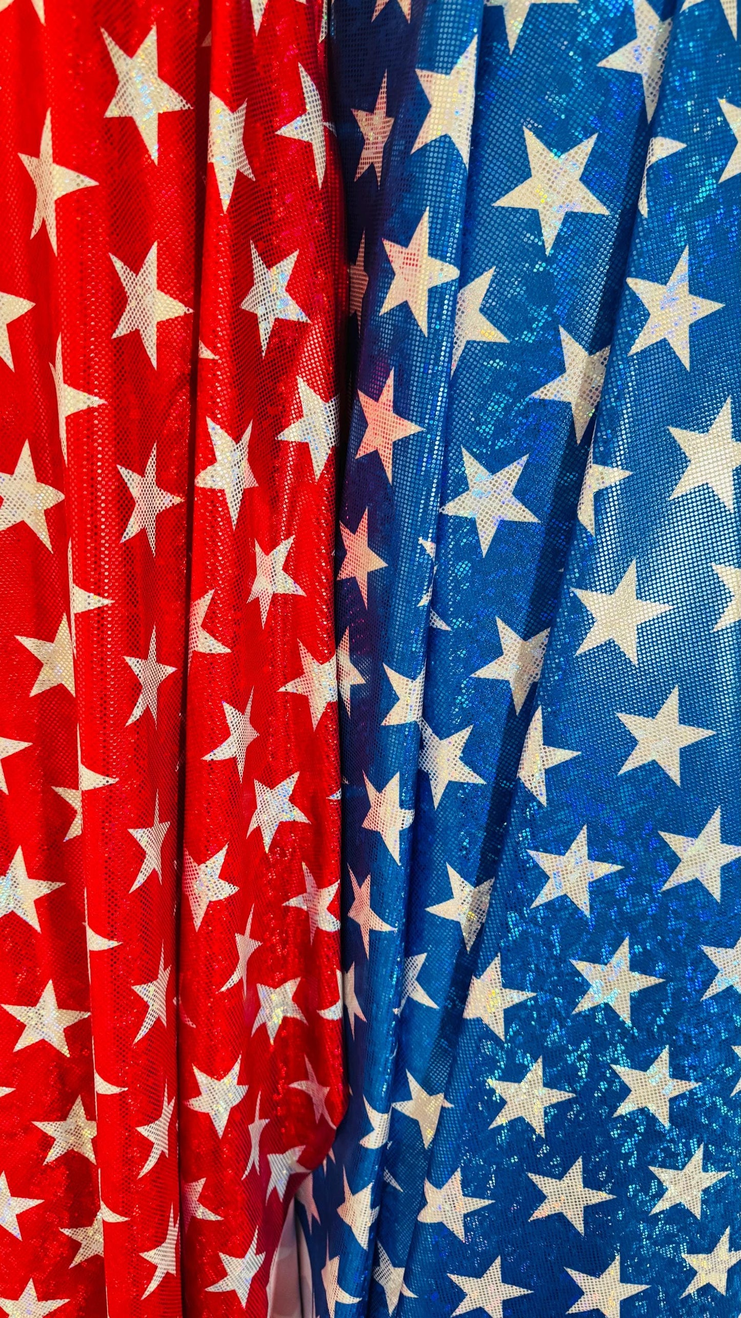Stars Freedom design on metallic shattered glass hologram nylon spandex 4-way stretch 58/60” Multicolor Sold by the YD.