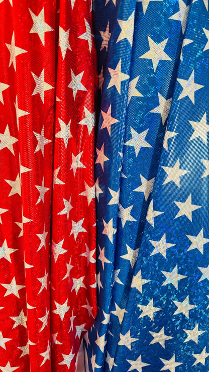 Stars Freedom design on metallic shattered glass hologram nylon spandex 4-way stretch 58/60” Multicolor Sold by the YD.