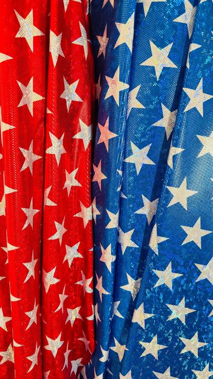 Stars Freedom design on metallic shattered glass hologram nylon spandex 4-way stretch 58/60” Multicolor Sold by the YD.