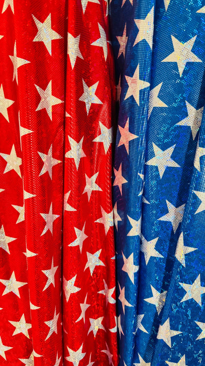 Stars Freedom design on metallic shattered glass hologram nylon spandex 4-way stretch 58/60” Multicolor Sold by the YD.