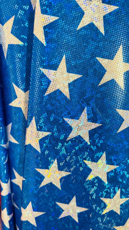 Stars Freedom design on metallic shattered glass hologram nylon spandex 4-way stretch 58/60” Multicolor Sold by the YD.