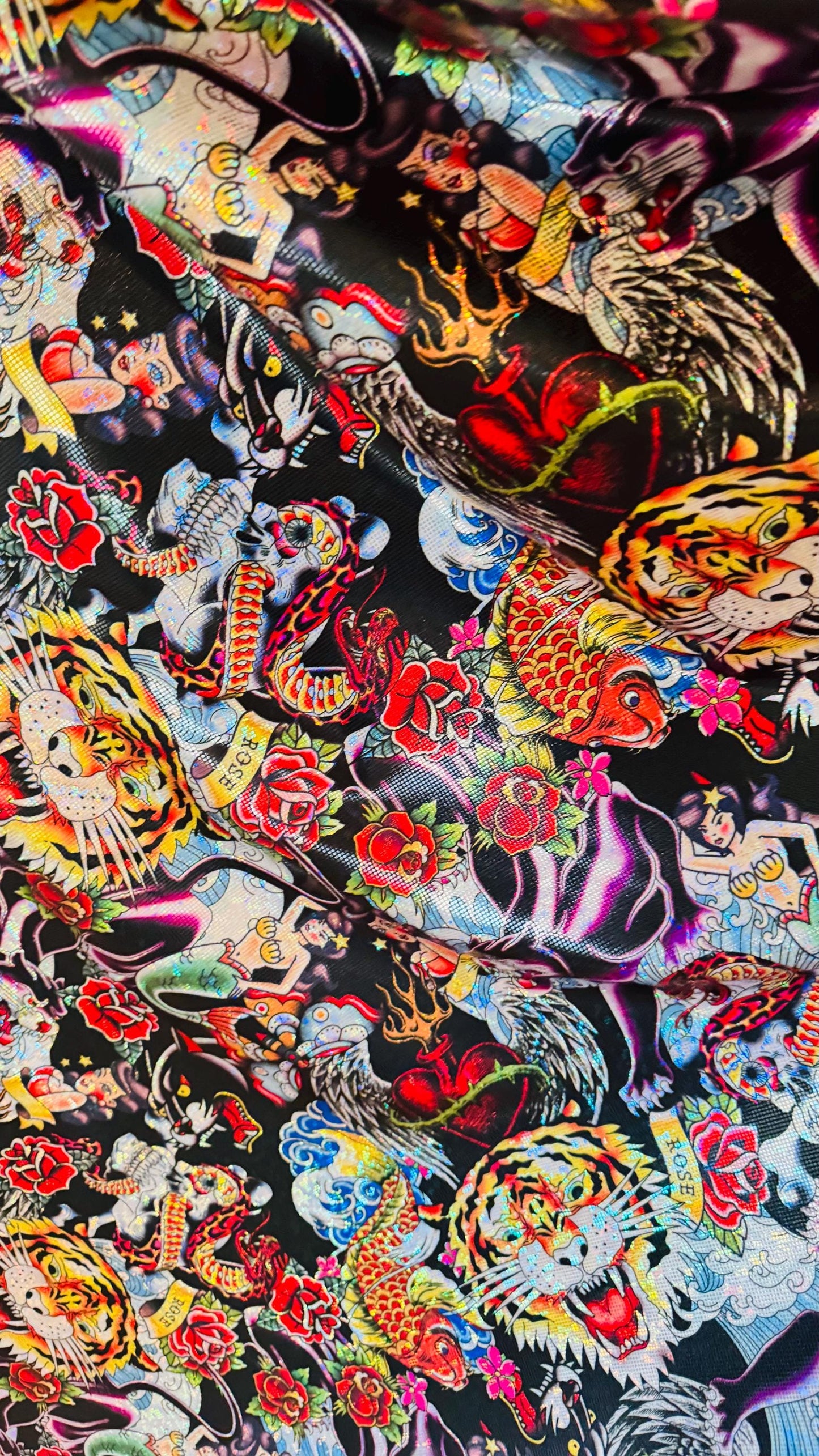 Japanese Tattoo design print on Metallic Shattered Glass nylon spandex 4-way stretch 58/60” High Quality fabrics by AlexLAFabrics