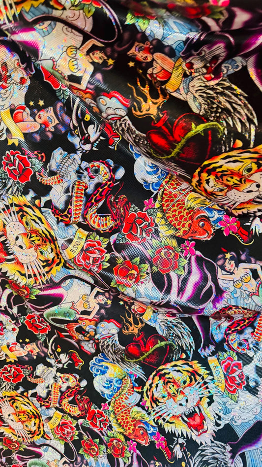 Japanese Tattoo design print on Metallic Shattered Glass nylon spandex 4-way stretch 58/60” High Quality fabrics by AlexLAFabrics