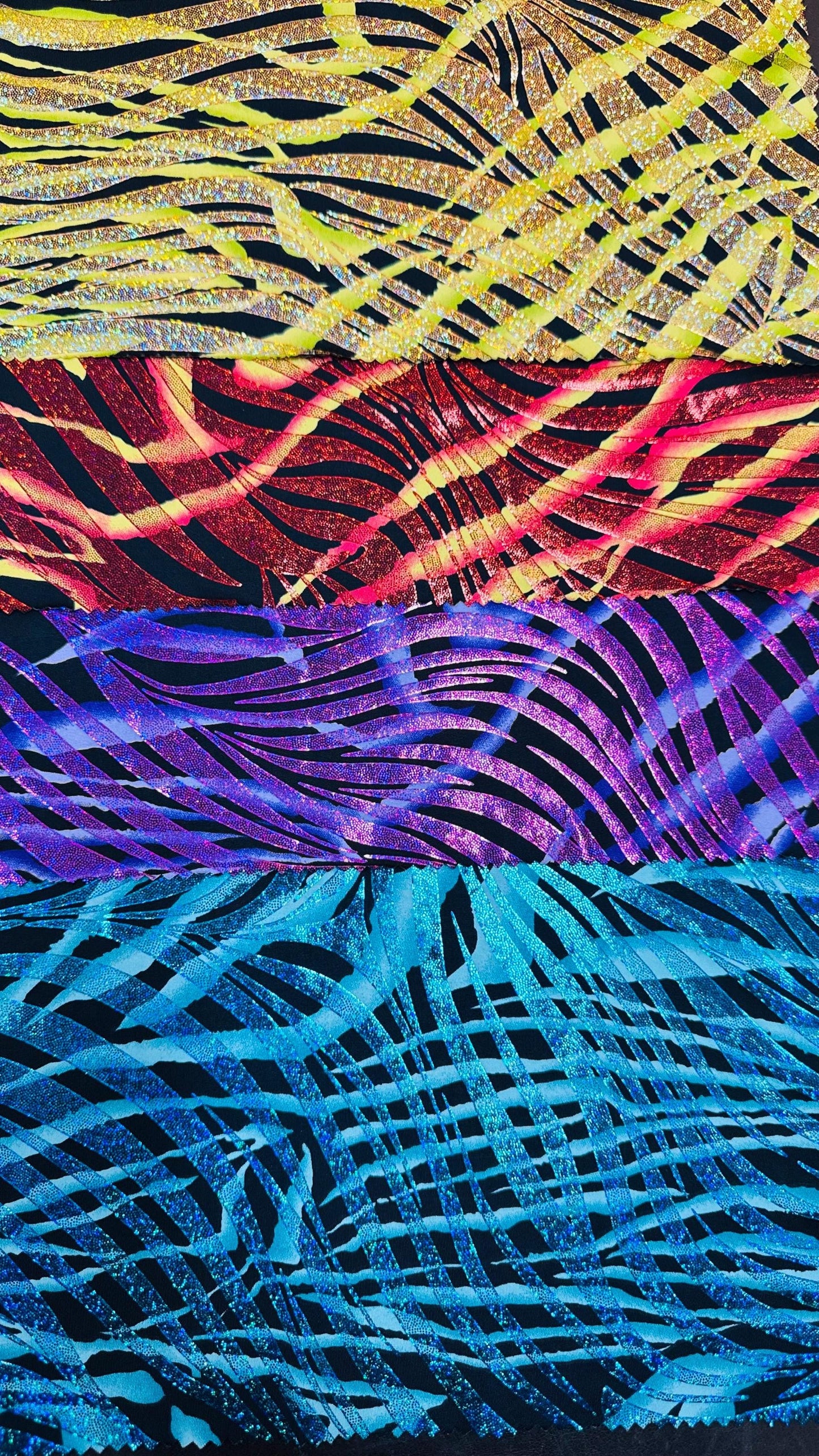 New Zebra multi Nylon spandex 4way fantastic Exotic Zebra With Hologram foil 58/60" Sold by the Yd. Ships worldwide from Los Angeles CA