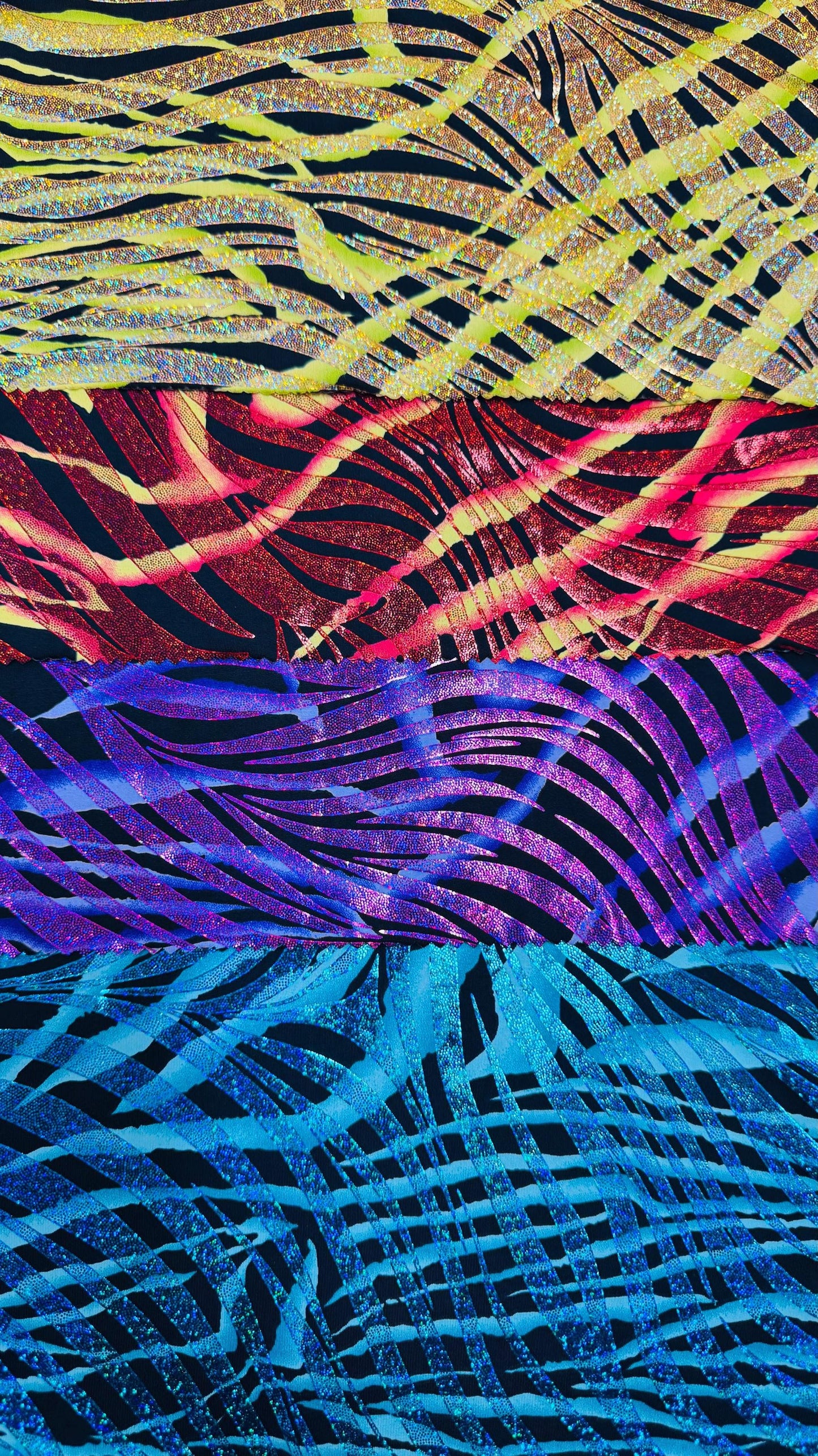 New Zebra multi Nylon spandex 4way fantastic Exotic Zebra With Hologram foil 58/60" Sold by the Yd. Ships worldwide from Los Angeles CA