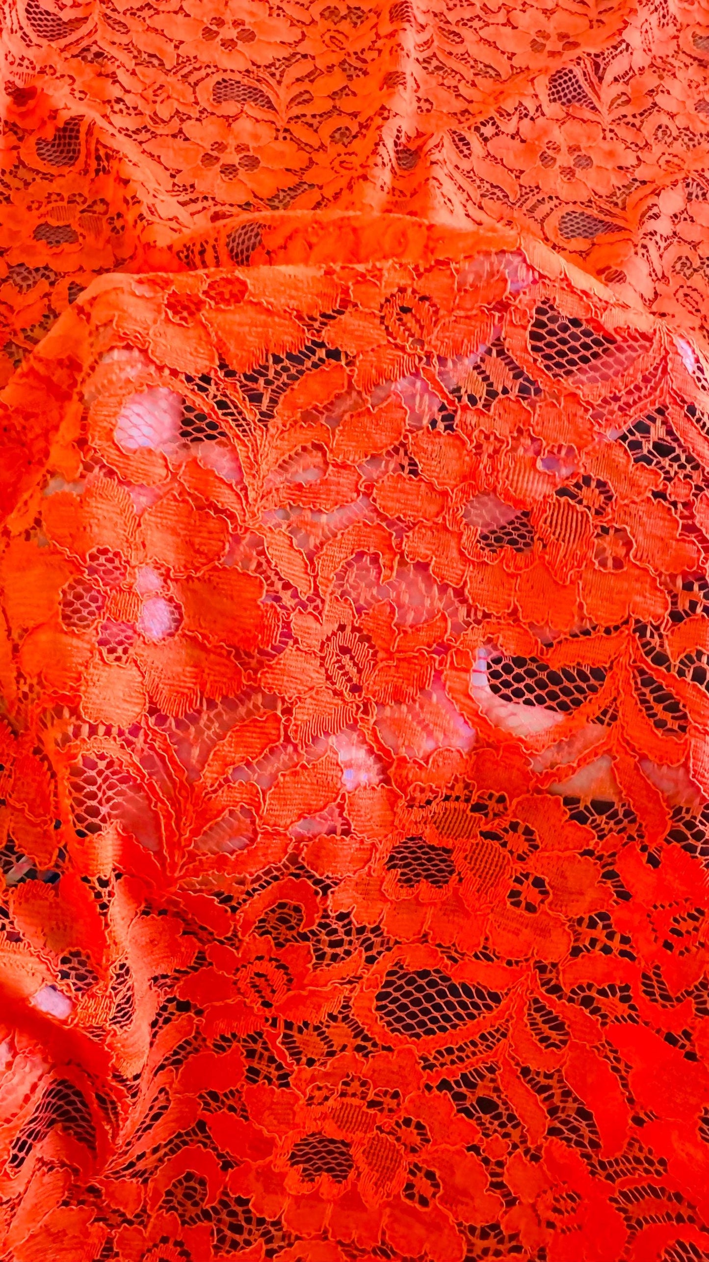 Stretch lace flower design Orange color NEW LACE 4way stretch 58/60" sold by the yd. Ships worldwide from Los Angeles California USA.