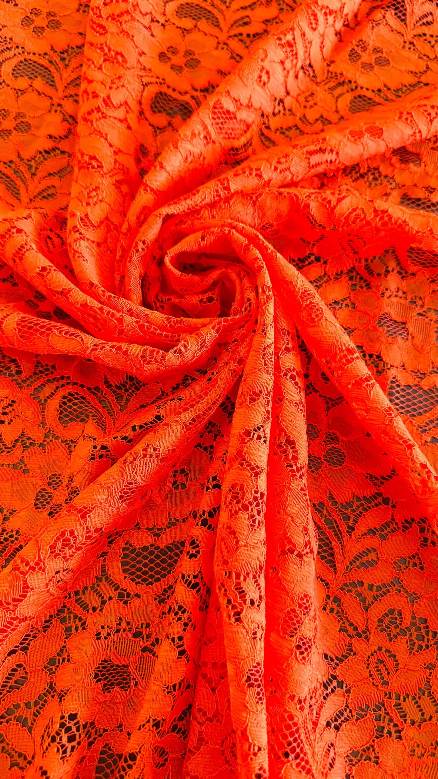 Stretch lace flower design Orange color NEW LACE 4way stretch 58/60" sold by the yd. Ships worldwide from Los Angeles California USA.