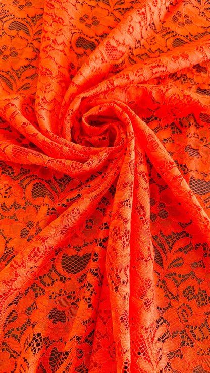 Stretch lace flower design Orange color NEW LACE 4way stretch 58/60" sold by the yd. Ships worldwide from Los Angeles California USA.