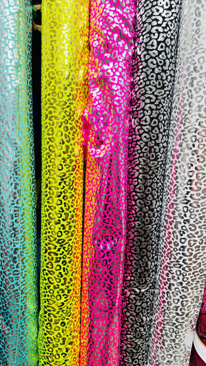 New Exotic cheetah design metallic hologram nylon spandex 4-way spandex 58/60” Sold by the YD. Ships worldwide from Los Angeles California U