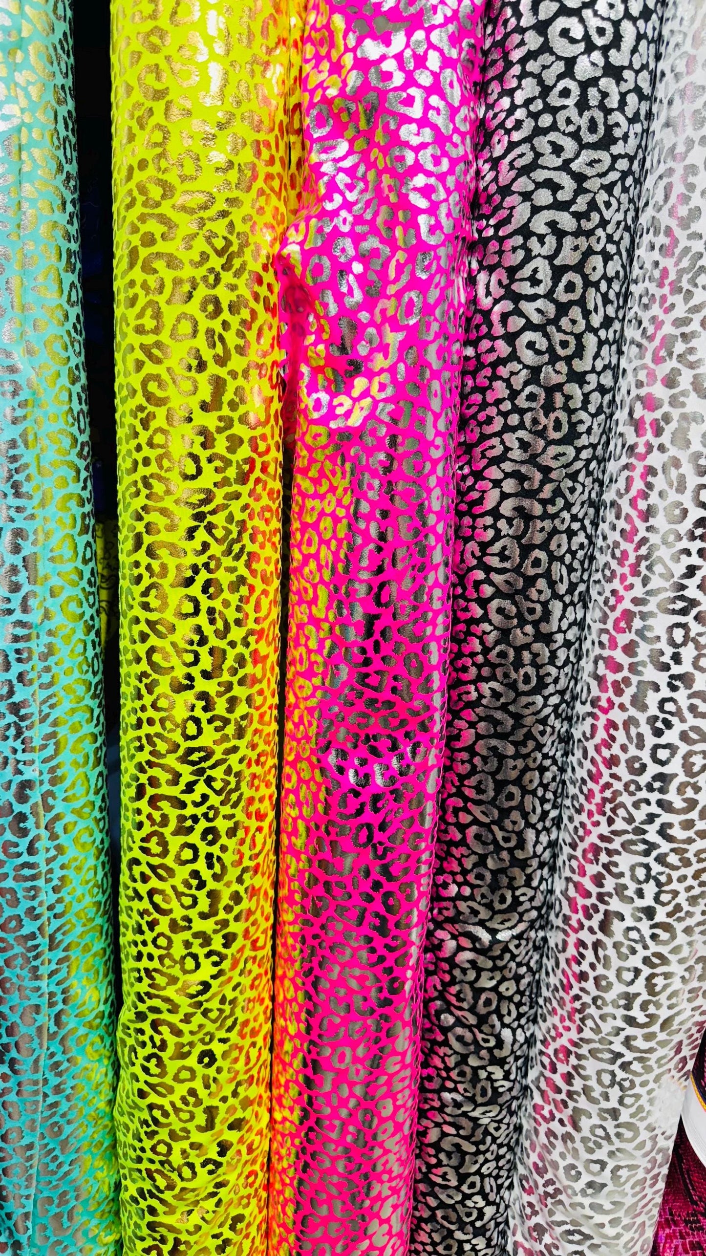 New Exotic cheetah design metallic hologram nylon spandex 4-way spandex 58/60” Sold by the YD. Ships worldwide from Los Angeles California U