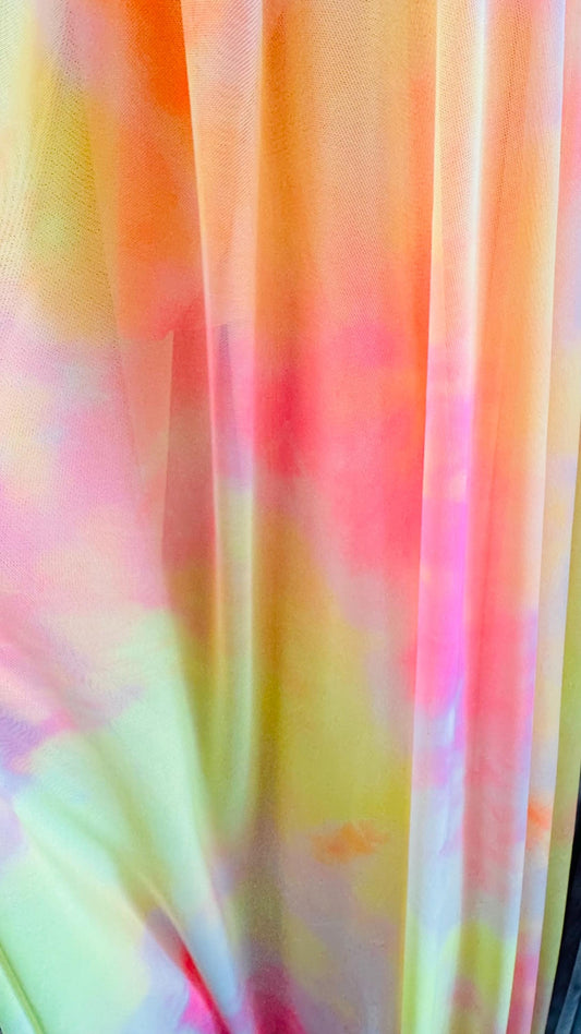New tie dye power mesh multi pastel colors 4-way stretch 58/60” Sold by the YD. Ships worldwide from Los Angeles California USA.