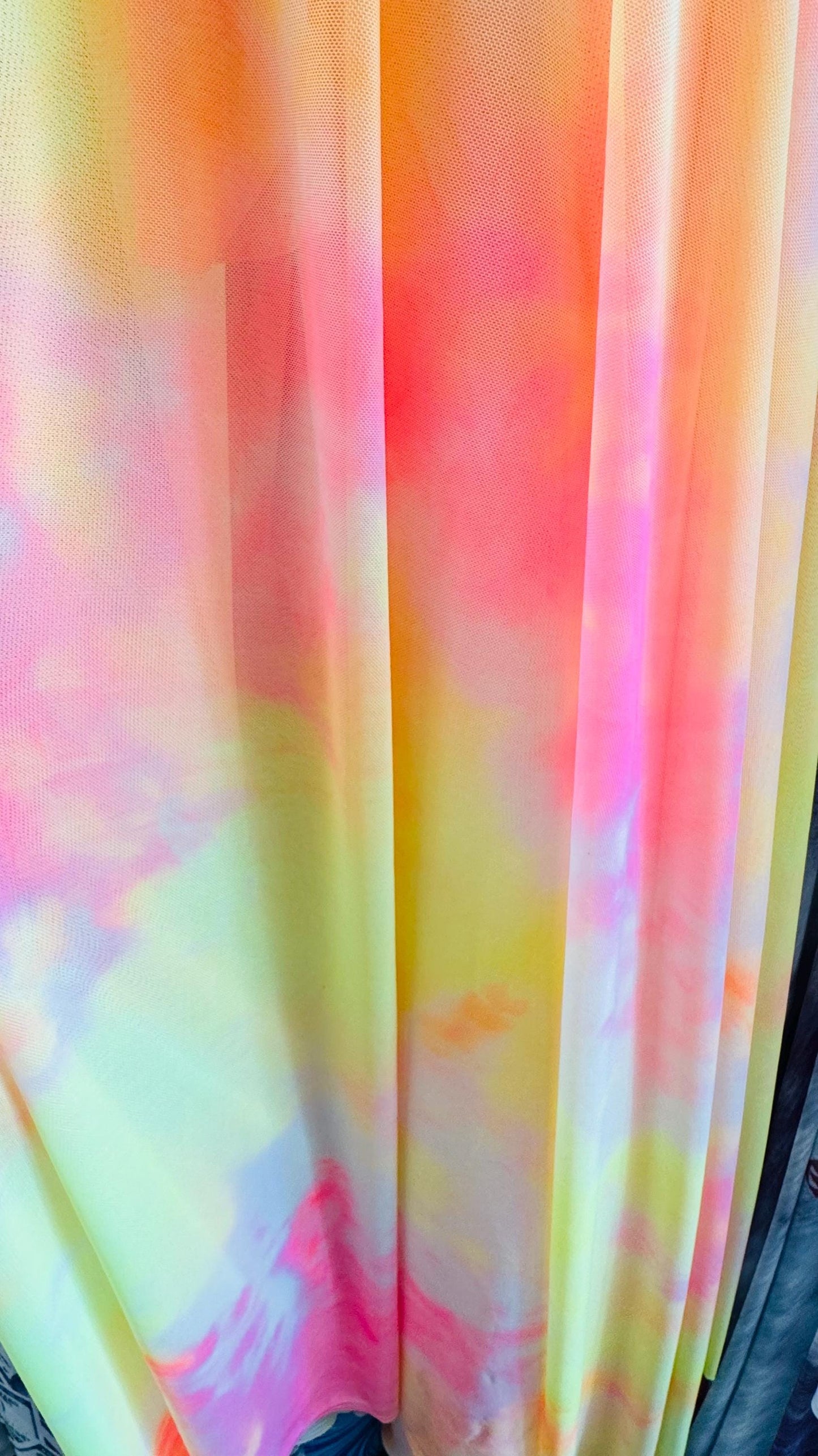 New tie dye power mesh multi pastel colors 4-way stretch 58/60” Sold by the YD. Ships worldwide from Los Angeles California USA.