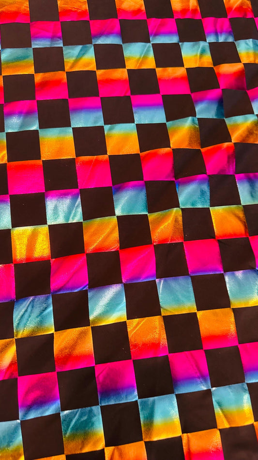 Square Rainbow all over foil poly spandex 2-way stretch 58/60” Sold by the YD. Ships worldwide from Los Angeles California USA.